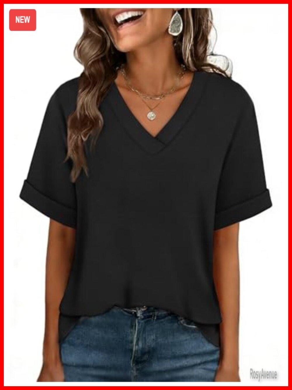 Womens Oversized V Neck Tshirt Rolled Short Sleeve Casual Summer Top